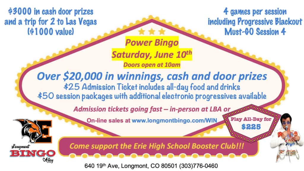 Anuncio del evento Longmont Bingo del 10 de junio
