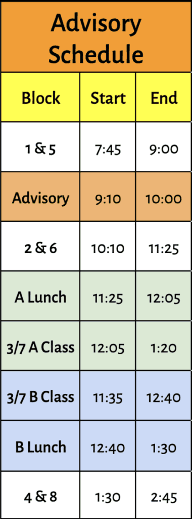 The advisory bell schedule