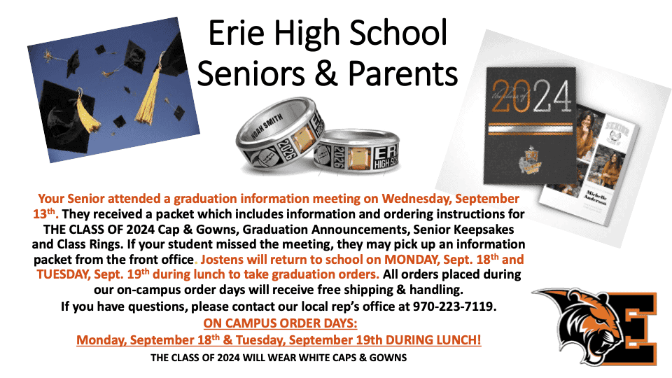 Información sobre el Erie High School Class of 2024 Senior Packets. Incluye toga y birrete, anillos de graduación, etc. 