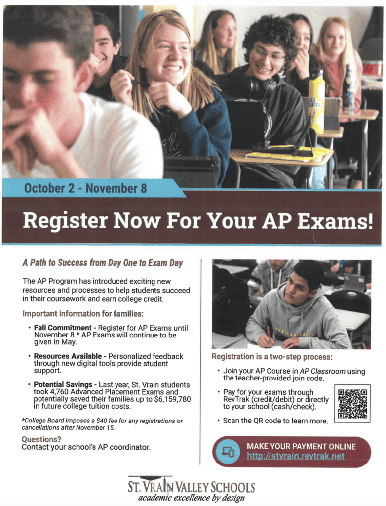 Register now for your AP Exams poster - includes a QR code and information about testing such as dates and college board fees 