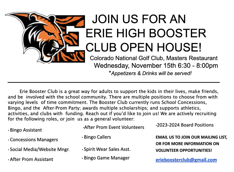 EHS Booster Club Open house Poster November 15th 6:30-8:00 pm at Colorado national golf club, masters restaurants. 