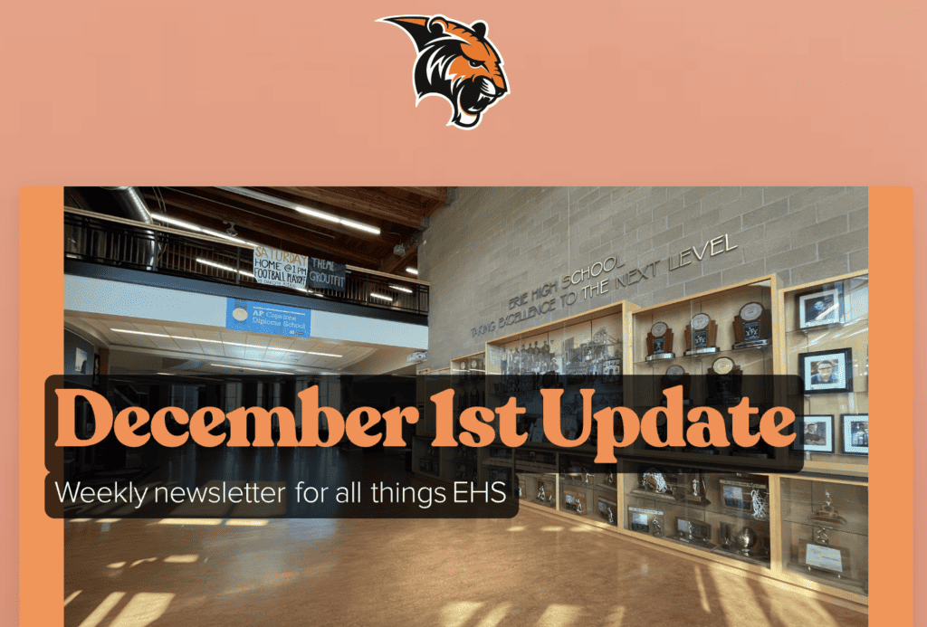 a screen shot from the newsletter heading. this heading has the erie logo. The date of the update and a background picture of ou entry trophy case.  