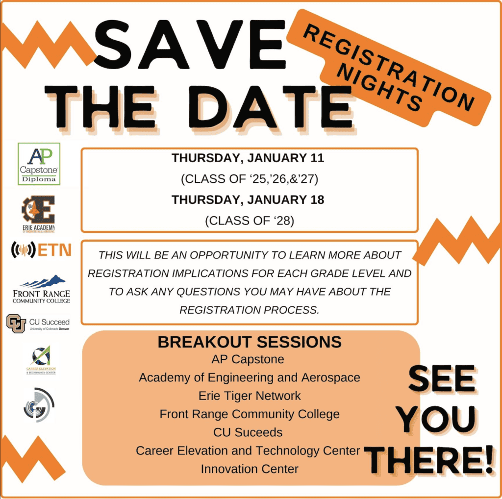 Photo of a Save the Date which show that current students have a registration night Thursday January 11 and then incoming 8th graders have a registration night Thursday January 18th. There will be breakout sessions for different programs offered at the high school 