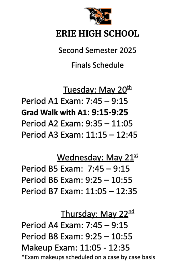 Finals schedule for Erie High School, including exam times for each period from May 20 to May 22, 2025.