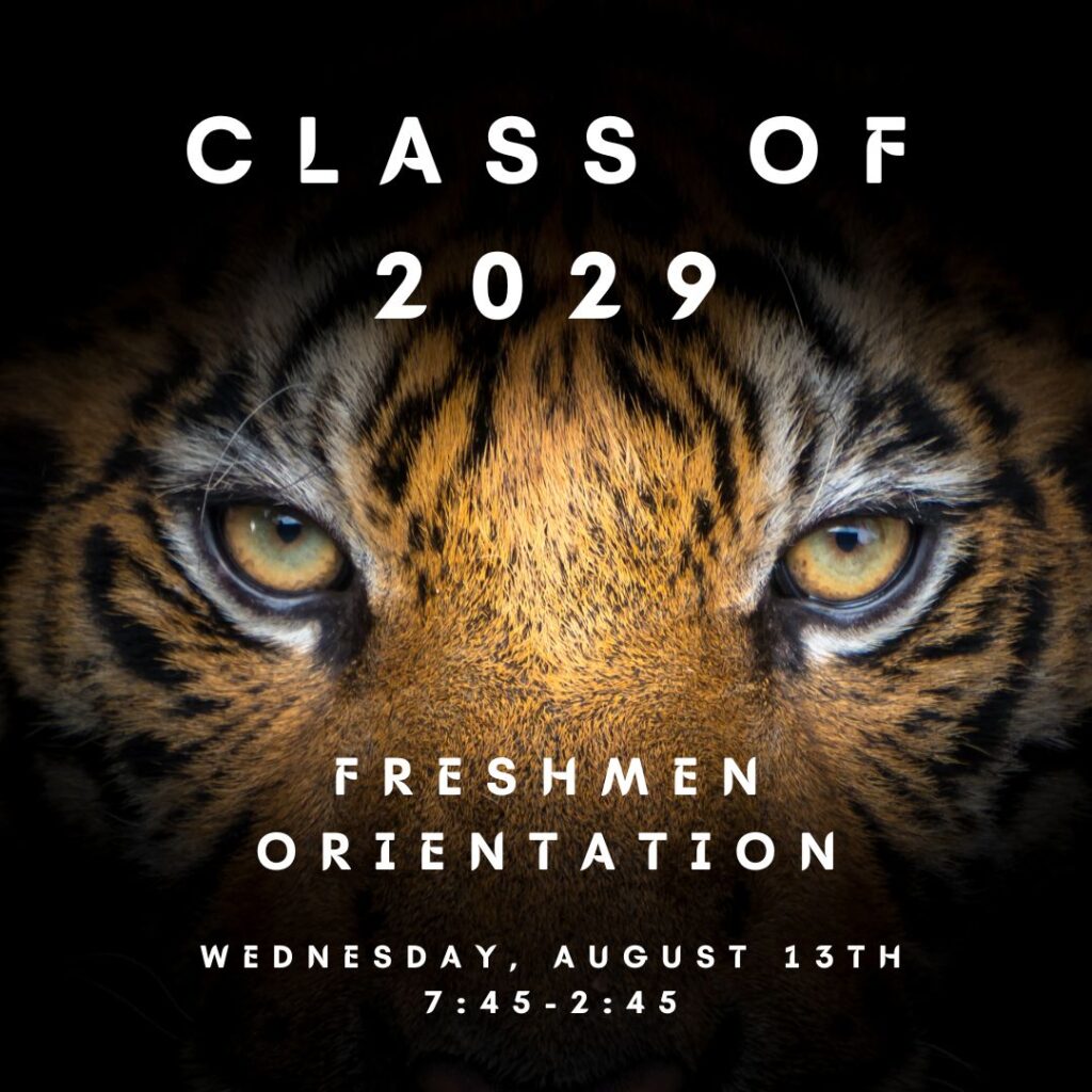 A close-up of a tiger's face with text promoting the Class of 2029 Freshmen Orientation on August 13th.