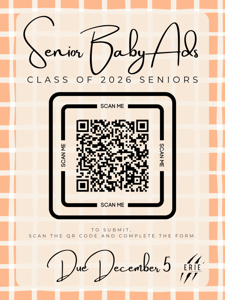 Announcement for Class of 2026 Senior Baby Ads, featuring a QR code for submissions due December 5.