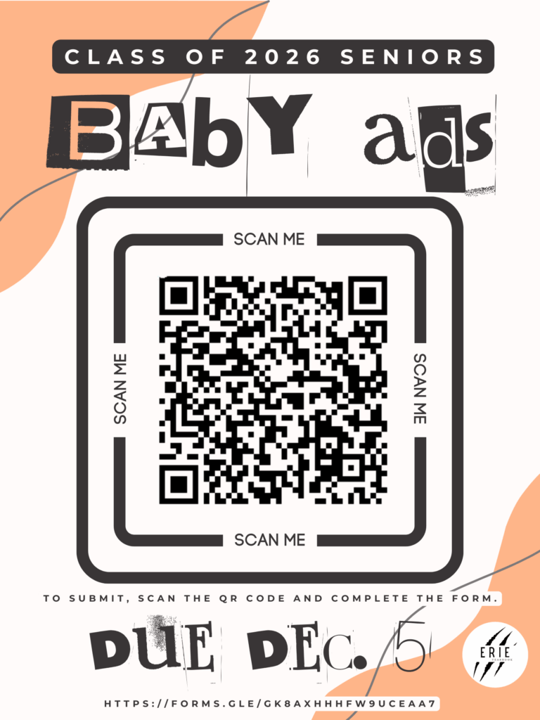 Flyer for Class of 2026 baby ads with QR codes and submission details, due December 5.