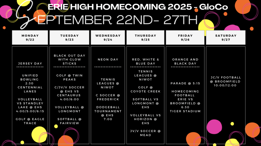 Schedule for Erie High Homecoming 2025, featuring daily themes and events from September 22nd to 27th.