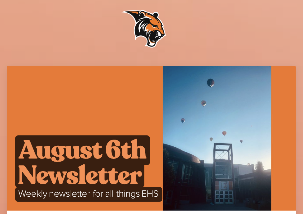 Image of a newsletter header with "August 6th Newsletter" text and hot air balloons in the sky above a building.