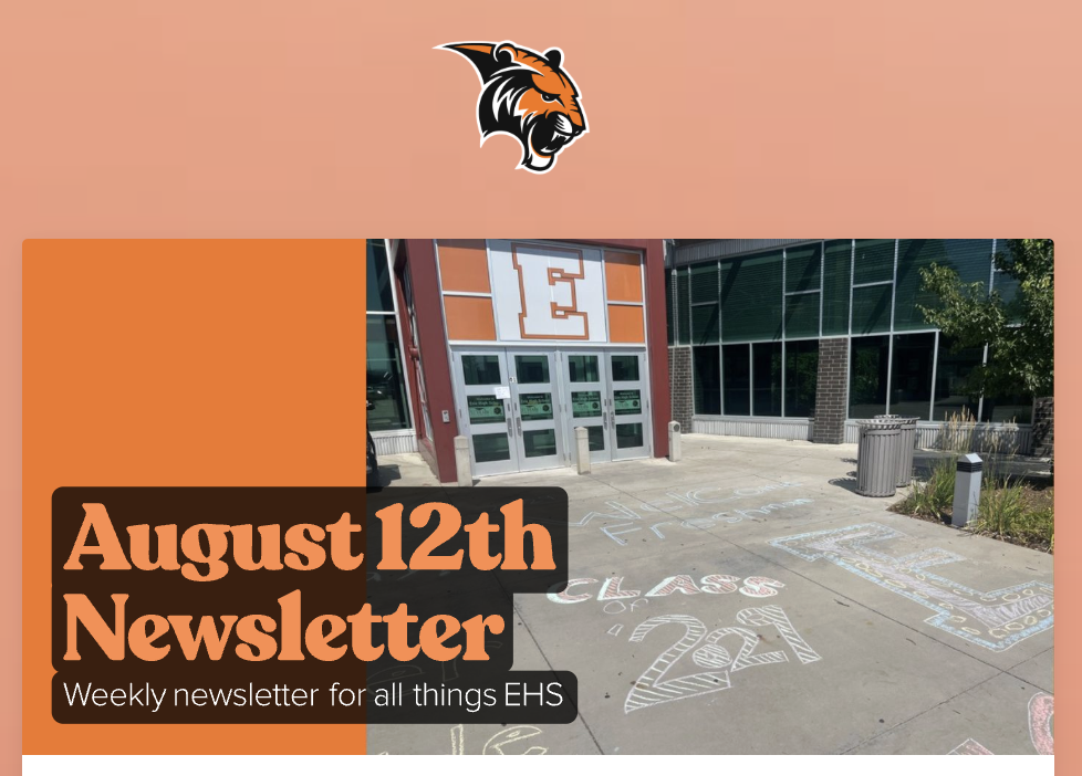 Exterior view of a school entrance with sidewalk chalk art and a newsletter title for EHS dated August 12th.