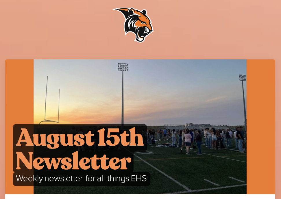 A sunset over a field with a crowd of people gathered, promoting the August 15th EHS newsletter.
