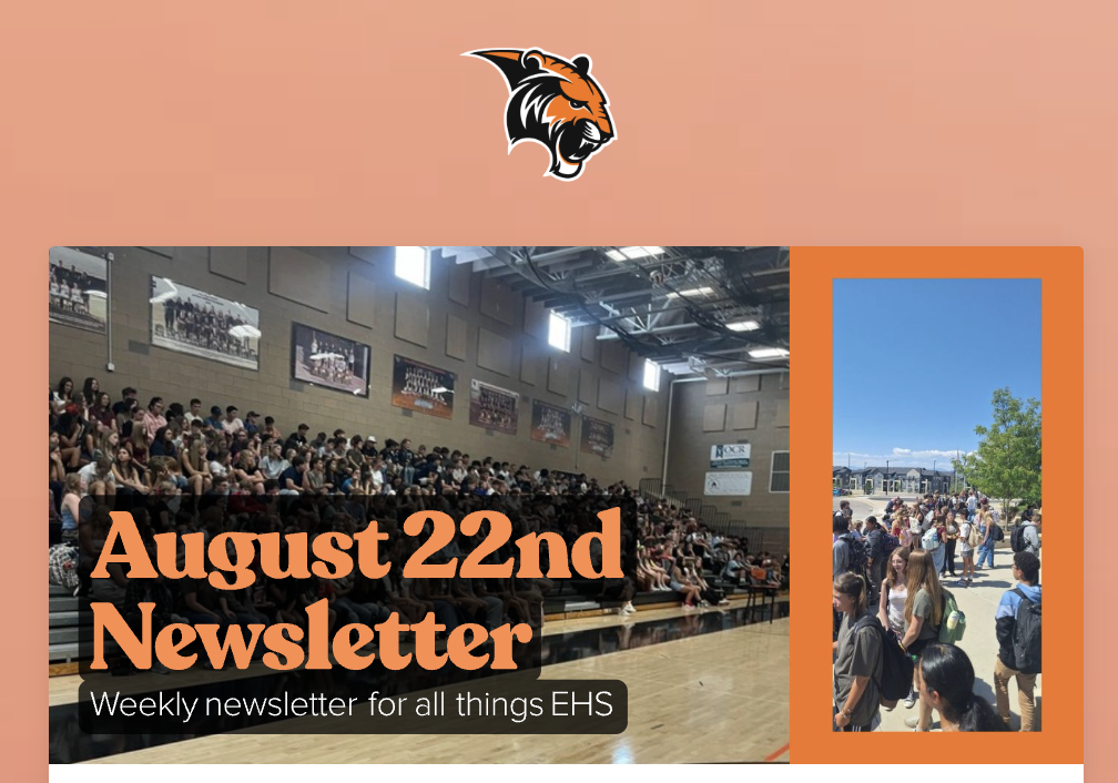 Image shows a crowded gym and outdoor area at EHS with students gathered for the August 22nd newsletter announcement.