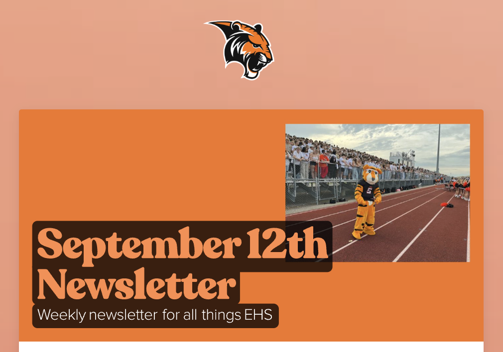 Image of a newsletter header featuring a school mascot on a track, with a crowd in the background.