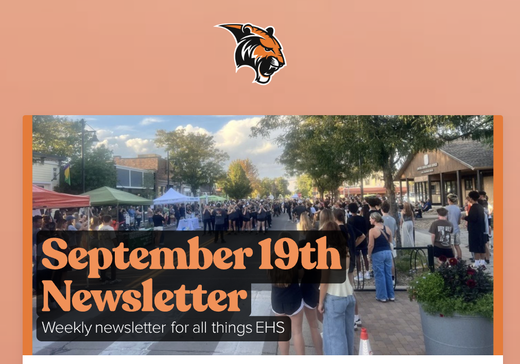 A crowd gathers on a street with tents and trees for an event, featuring the September 19th newsletter title.