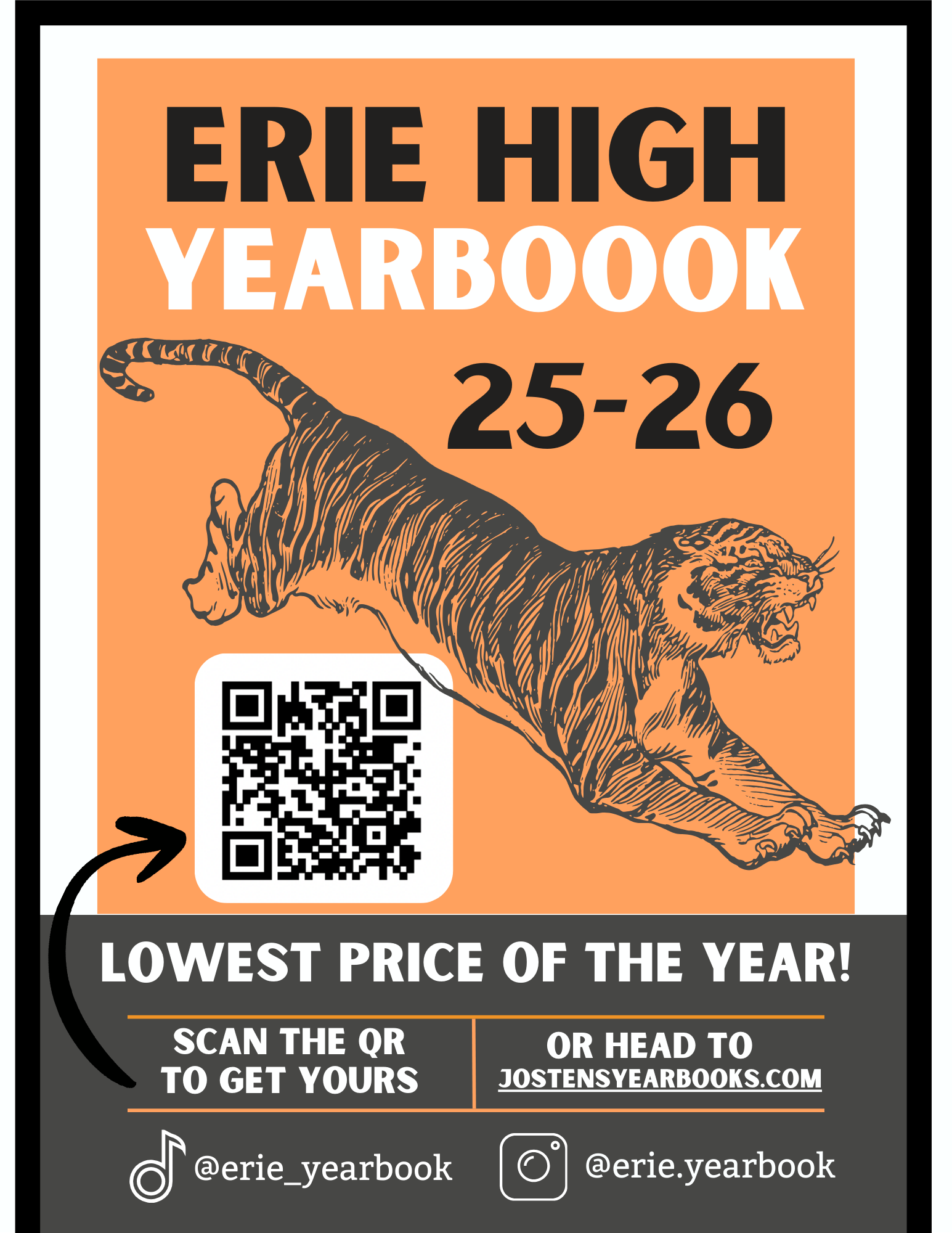 Erie High Yearbook announcement for 2025-2026, featuring a tiger illustration and QR code for ordering.