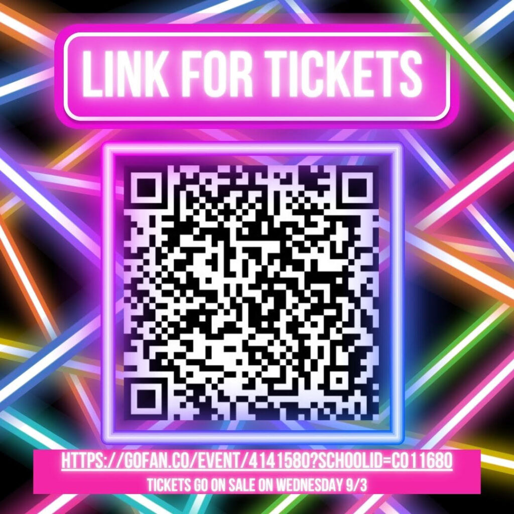 Graphic promoting ticket sales, featuring a QR code and text indicating tickets go on sale Wednesday, 9/3.