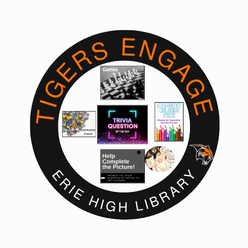 Logo for Erie High Library featuring the text "Tigers Engage" and various activity icons like games and trivia.