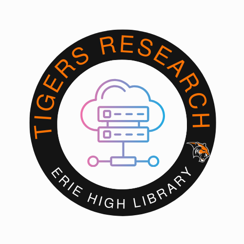 Logo for Erie High Library featuring "Tigers Research" and a graphic of a cloud with servers.