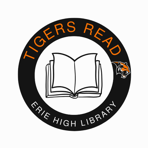 Logo for Erie High Library featuring an open book and the text "Tigers Read" in a circular design.